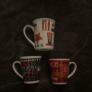 Coffee mugs set of 3: 1?Sonoma Home Goods Patriotic patter. 2 holiday words.